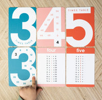 A child laying out the three, four and five times table cards on the floor
