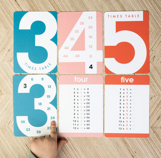 A child laying out the three, four and five times table cards on the floor