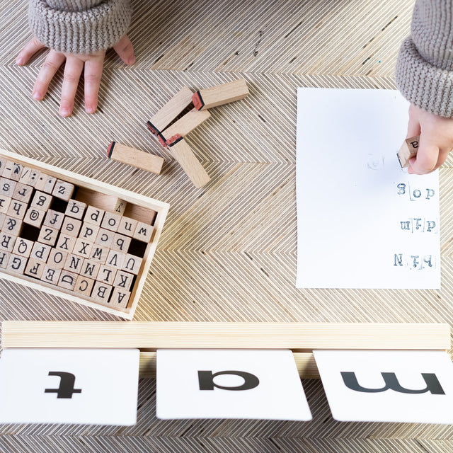 Phonics flashcards simple first words using letter stamps